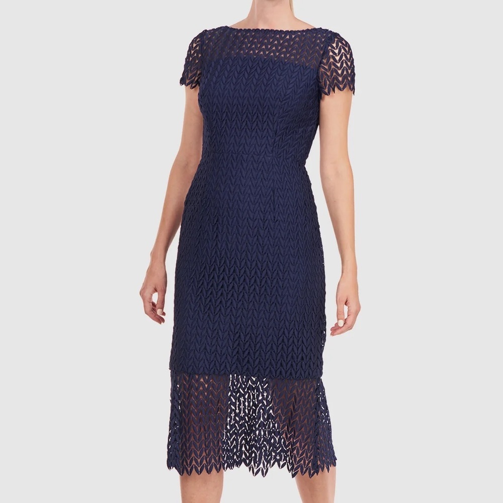 Kay Unger TATUM Black Lace Floral Petals Short Sleeve Midi Cocktail Dress - Picture 2 of 12
